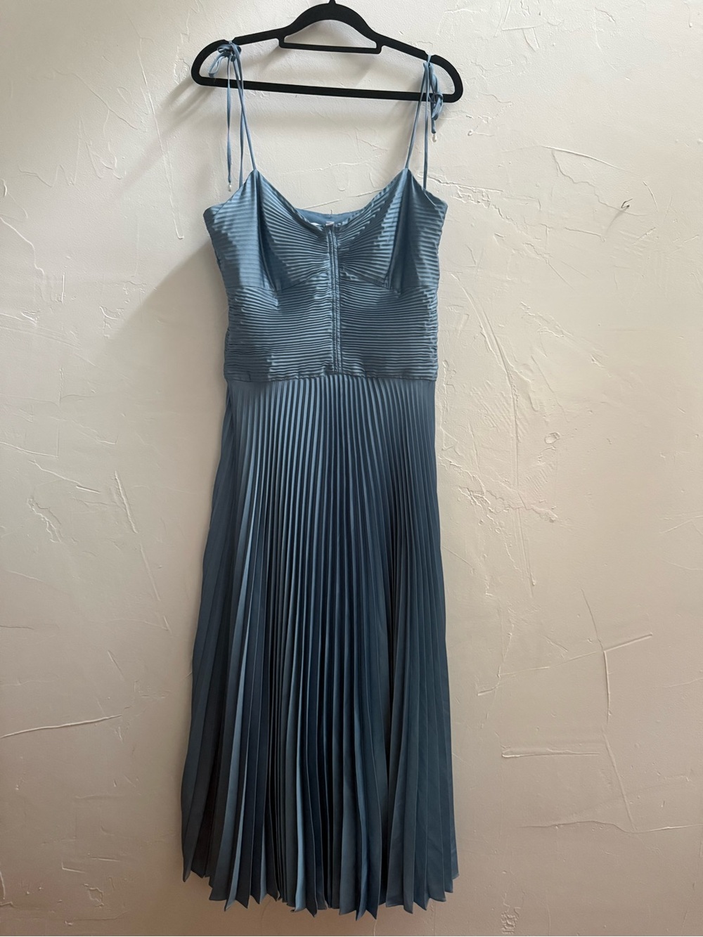 Derek Lam Dusty Blue Pleated Midi Dress with Tie Straps